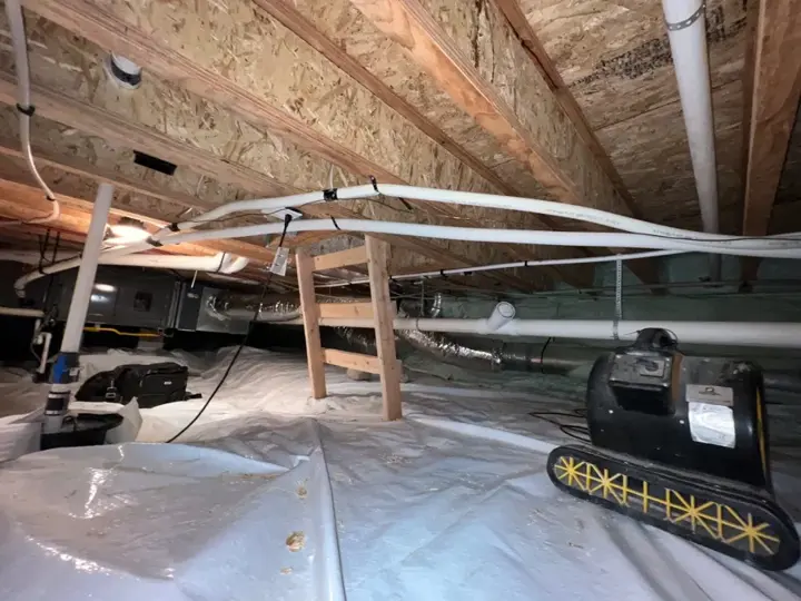 Dehumidifier and plastic vapor barrier in a crawl space in Walnut Creek, CA