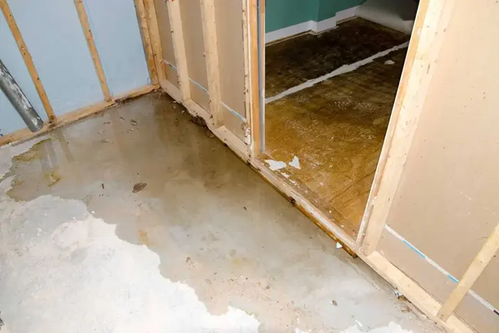 Opened wall studs above a wet floor during a water cleanup in Walnut Creek, CA