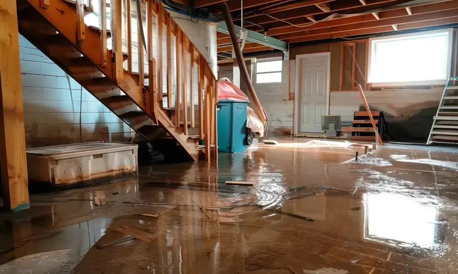 Water spread across a lower-level floor during a water damage cleanup in Walnut Creek
