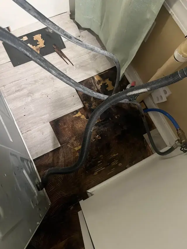 Water-damaged flooring behind a washing machine after a hose leak