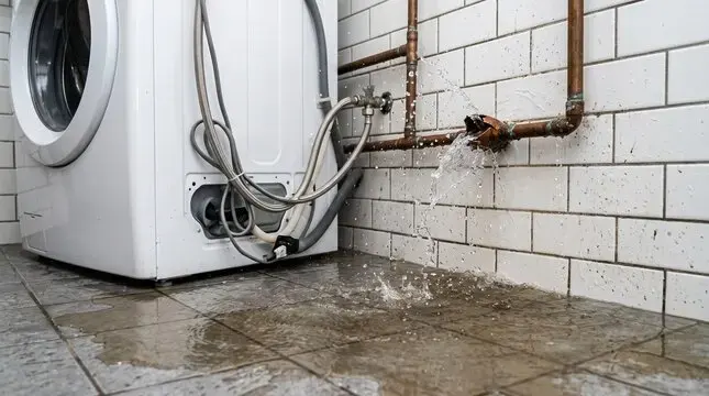 Water spraying from a split copper supply pipe onto a laundry room floor