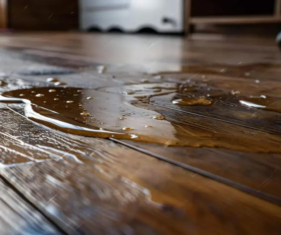Water sitting on a dark hardwood floor