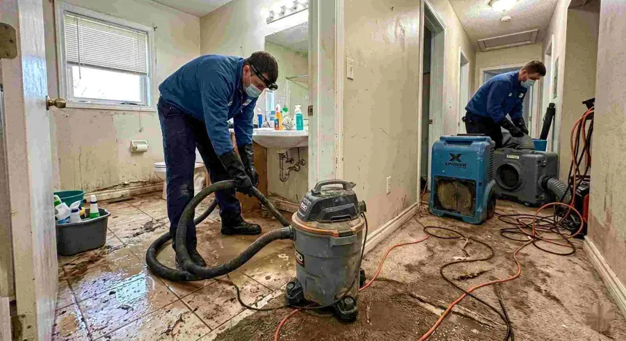Technicians in masks extracting a sewage backup from a bathroom floor