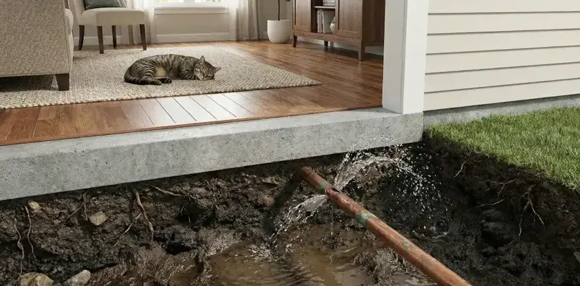 Leaking copper pipe exposed beside a concrete slab foundation